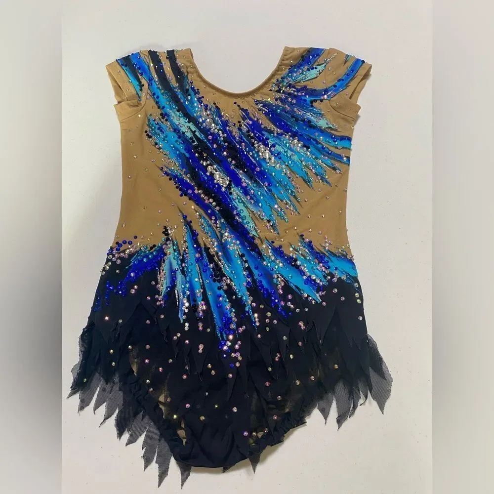Custom solo dance ice skating rhythmic costume blue ombre rhinestoned dress MC